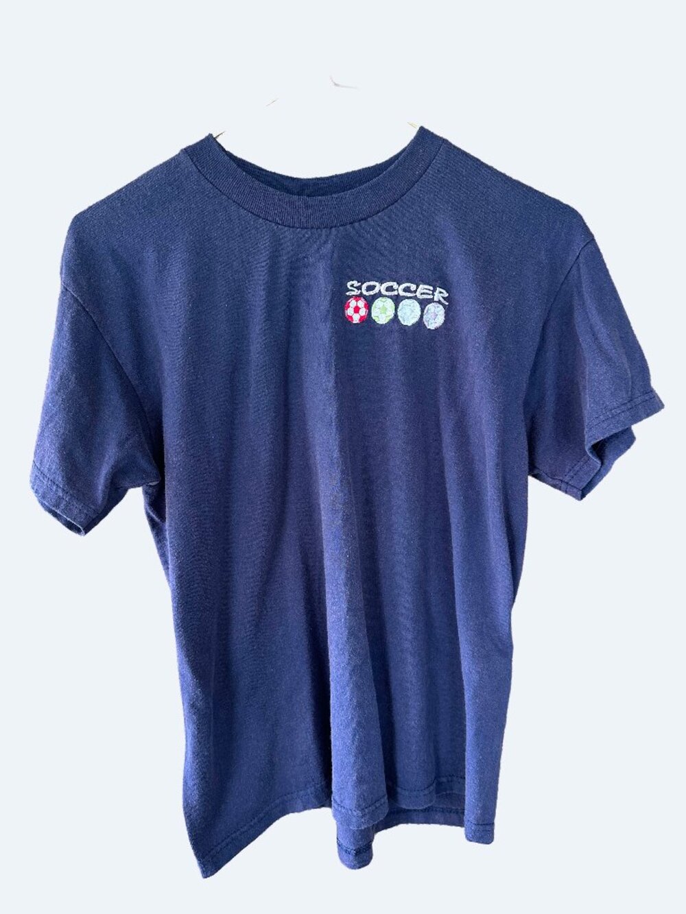 Hanes Vintage Soccer Embroidered Graphic Tee Navy Blue Youth L Women XS Small